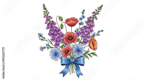 Vibrant bouquet of poppies, lavender, and flowers tied with blue ribbon
