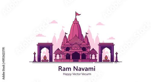 A vibrant pink temple illustration with golden accents, celebrating Ram Navami festival in India, set against a white background with decorative flowers and buildings