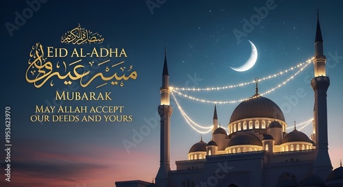 Eid al-adha celebration with illuminated mosque and crescent moon