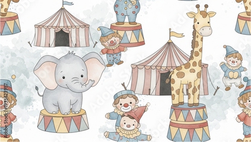 Circus animals perform with acrobats at a vibrant tent show outdoors.