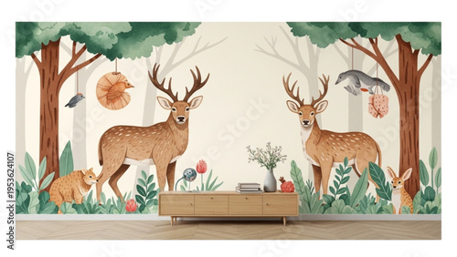 Deer and a fawn walk through a forest with trees and plants around a modern coffee table.