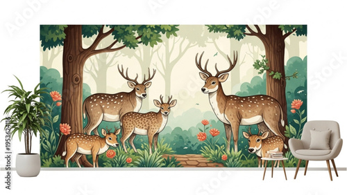 Deer family with fawn and bucks standing in forest surrounded by trees and flowers indoors