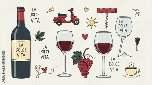 A vibrant illustration of wine glasses, bottle, and grapes with a red scooter.