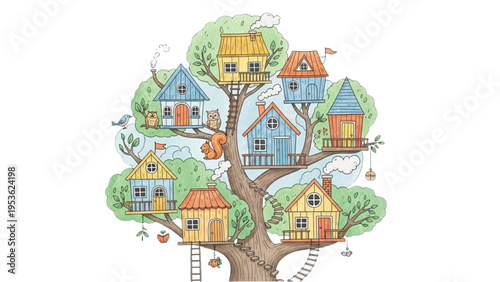 Colorful treehouses nestled in a lush tree surrounded by nature