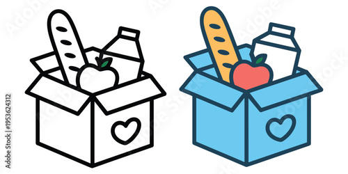 Food donation box with bread apple and milk carton line art and color charity cardboard