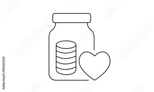Savings jar icon with coins and heart symbol. Concept of fundraising, medical cost savings, charity funding, and donation collection. Minimalist line art.Editable stroke.