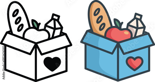 Food donation box with bread apple and milk carton line art and filled heart charity cardboard