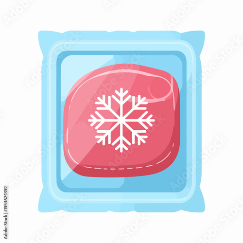 Front‑view cartoon illustration of a light‑blue ice pack containing a red gel pack with a white snowflake emblem, displayed on a plain white background for therapeutic product showcase