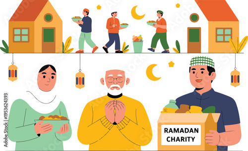 Ramadan charity vector illustration set featuring Muslim people sharing food and donation boxes for Islamic community support and zakat.