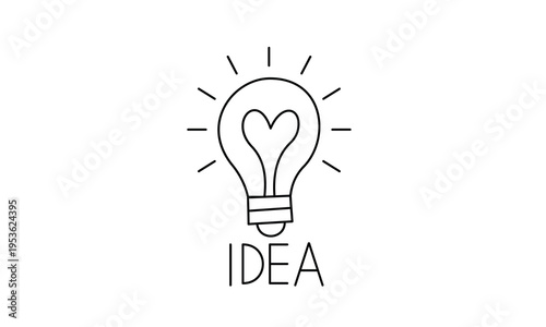 Lightbulb icon with heart filament and idea text. Concept of social innovation, creative charity, emotional intelligence, and bright inspiration. Editable stroke.