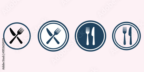 Four circular icons with navy blue outlines and white backgrounds featuring cutlery symbols circle