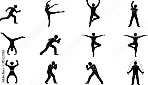 Fitness workout silhouette set, people exercising running jumping boxing yoga poses, active lifestyle figures, black vector isolated on white background