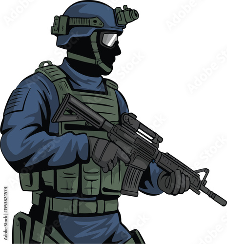 Professional swat team soldier vector illustration wearing tactical gear and holding an assault rifle for security concepts.
