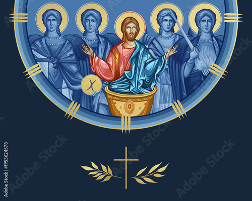Heaven Liturgy. Jesus Christ in Holy Chalice and four cardinal points (Archangel Gabriel, Uriel, Raphael and Michael). Illustration in Byzantine style isolated