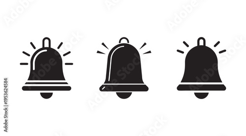 Bell icons with different notification styles  three black bell shapes with lines indicating alert levels  simple illustrations for notifications and alerts