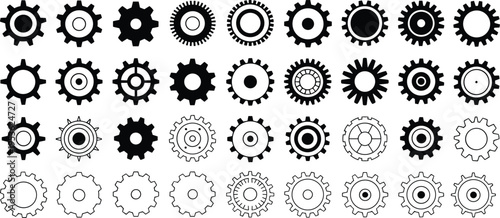 Grid of 32 black and white gear icons with diverse styles and configurations wheel mechanism