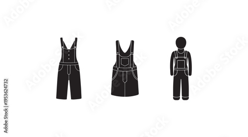 Black and white silhouette of overalls and person wearing overalls in various styles and views  front and back  isolated on white background