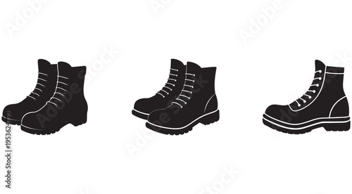 Black boots with white laces and soles on white background  three pairs of shoes