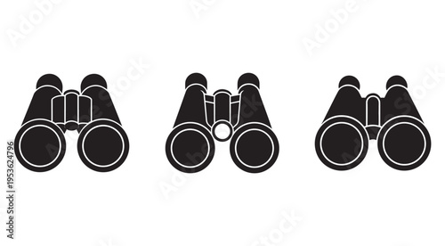 Black binoculars icons set with white outlines on white background  optical instruments for observing and exploring