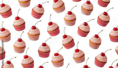 Pattern of pink cupcakes with cherries dessert sweet isolated on a transparent background