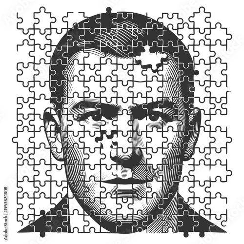 human face composed of puzzle pieces, identity, psychology, complexity, mental health concepts sketch engraving generative ai fictional character vector illustration. Scratch board. Black and white.