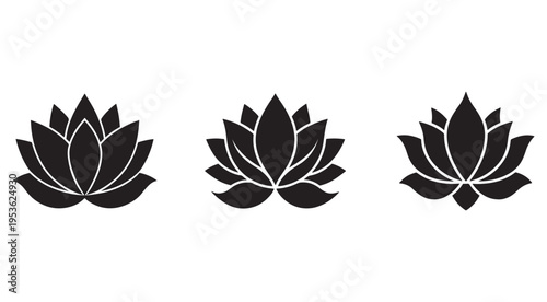 Black lotus flower icons in different styles isolated on white background