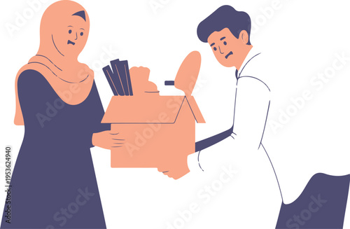 Muslim couple holding cardboard box together during relocation or job loss flat vector illustration for social issues and unemployment themes.