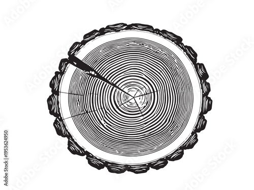 Cross section illustration of a tree trunk showing growth rings and bark texture, cut wood, Tree Stump