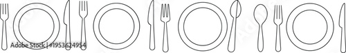 Minimalist Line Icons of Table Settings and Plates in a Row Keywords: table setting, plate, fork, knife, spoon, cutlery