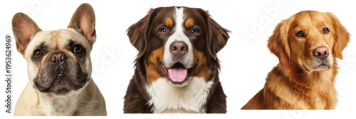 Three diverse dog portraits: French Bulldog, Bernese Mountain Dog, and Golden Retriever, isolated on transparent.