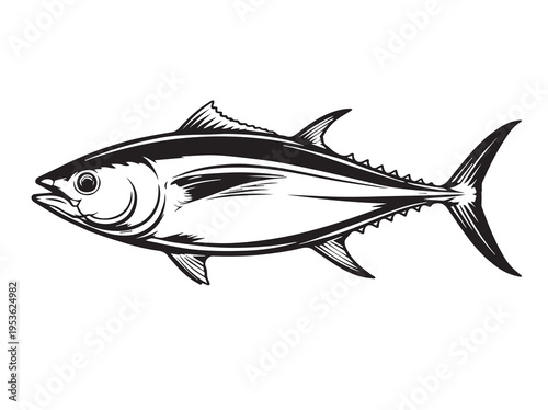 Black and white illustration of a tuna fish, a powerful oceanic swimmer, marine life study, Sport Fishing