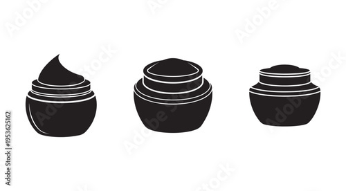 Blackandwhite illustration of three cosmetic cream jars with lids and white outlines on white background