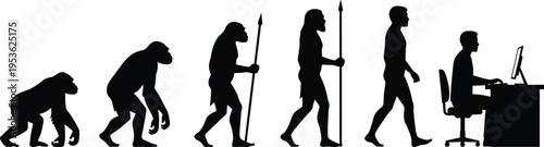 Human evolution silhouette icon collection, primate ancestor vector set, prehistoric spear artwork design, modern technology illustration graphic, flat vector illustration