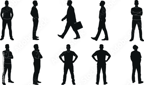 Male silhouette icon collection, body language vector set, standing posture artwork design, nonverbal communication illustration graphic, flat vector illustration