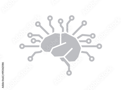 Stylized digital icon representing artificial intelligence and machine learning concepts connected to a central brain structure.