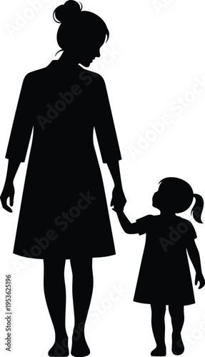 Mother and daughter silhouette, family love, parental guidance, child care, parenting bond, flat vector illustration, emotional connection, support, trust