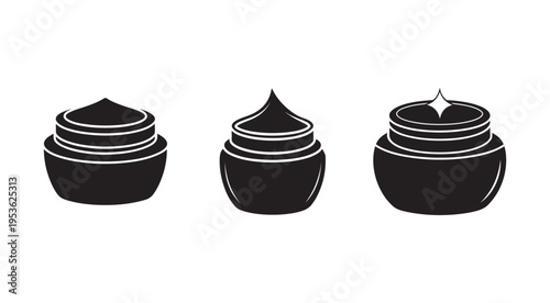 Blackandwhiteillustrationofthreecosmeticcreamsinroundcontainerswithdifferentlidsisolatedonwhitebackground