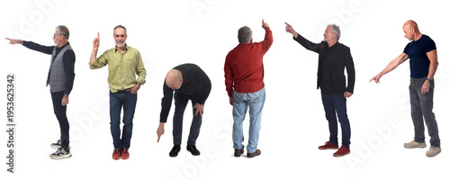 a group of mature men pointing their fingers in all directions