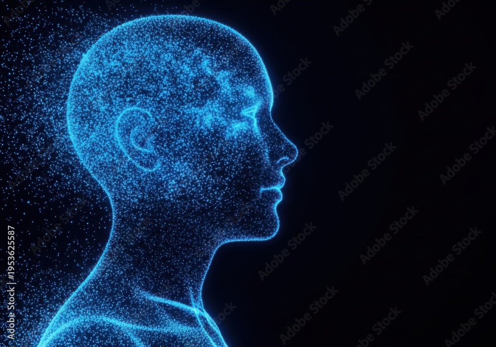 Obraz premium Digital human head made of blue particles on dark background with glowing effect