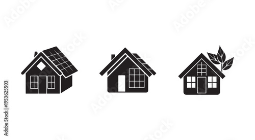 Eco friendly house icons with solar panels and green leaves on white background for sustainable living and renewable energy concepts  energy efficient homes