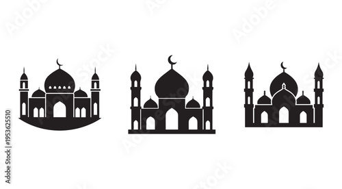 Islamic mosque architecture silhouettes with domes and minarets on white background  religious building designs