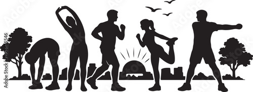 A black silhouette illustration showing a group of people exercising outdoors at morning sunrise