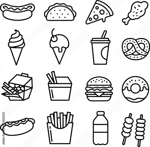 Sixteen outline icons of various fast food and sweet treats arranged in a grid on a white background
