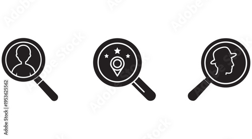 Magnifying glass icons for search and investigation with silhouette profile map pin and stars on white background