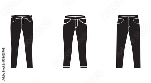 Set of black pants with white outlines for fashion design isolated on white background