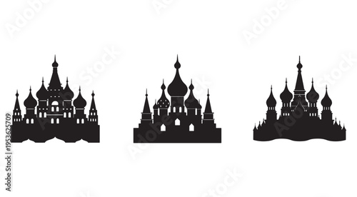 Set of russian orthodox church and kremlin tower silhouettes  iconic architectural landmarks  cultural heritage  historical buildings
