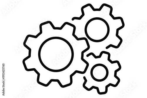 Tableau sur toile Three interconnected outline gear icons of different sizes on a white background
