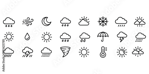 Twenty Four Weather Icons In Black Outline On White Background Keywords: weather, forecast, climate, meteorology, icon, symbol