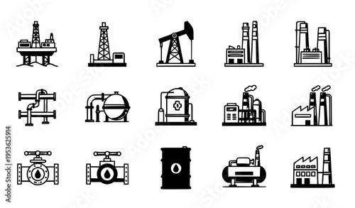 Oil and gas industry icon set with drilling rigs refinery plants pipelines and fuel production vector symbols