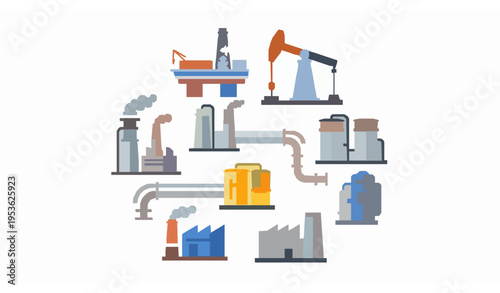 Flat oil and gas industry icons with drilling platform refinery pipeline and fuel plant colorful vector collection